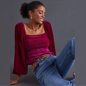 Anthropologie Velvet Smocked Top